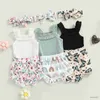 Conjuntos de ropa Conjunto de pantalones cortos para bebés recién nacidos, sin mangas, pantalones cortos con estampado de flores/arcoíris/mariposas y diadema, conjunto de 3 piezas de 0 a 18M
