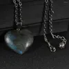 Pendant Necklaces Women Natural Labradorite Love Heart Necklace Moonstone Gem Stone Waxed Rope Clavicle Chain Jewelry Valentine's Day
