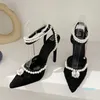 Buty sukienki koronkowe siatka pusta seksowne super pięty pompki 2023 Modna temperament Pearl Diamond Sandały Wskazane palce u nogi lato