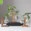 Nuevo jarrón de vidrio hidropónico, contenedor de vidrio para plantas, jarrón transparente con estante de madera, planta de escritorio, decoración para el hogar y la Oficina