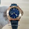 Con scatola documenti orologio da uomo 47mm sommergibile PAM01074 PAM1074 quadrante blu cinturini in pelle oro rosa 18 carati orologi da polso da uomo automatici meccanici trasparenti