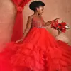 Coral Tier Layered Flower Girls Dresses Ball Gown Long Sleeves Tulle Child Birthday Photography Gown Bead Kids Pageant Skirts
