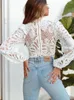 Women's Blouses Sexy Long Sleeve Lace Blouse Women Tops Casual White Crochet Hollow Out Cropped Shirt Turtleneck Female Blusas