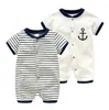 Barboteuses Mode Été né Marine Style Bébé Barboteuse Enfants Garçons Filles Sailor JumpsuitHat 2Pcs Corps À Manches Courtes Anchor Imprimé Costume 230517