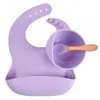 Bavoirs en silicone pour enfants bavoir bébé non silp 3pcs / set bols ronds élastique multicolore vaisselle de thanksgiving poignées en bois assiette enfant bavoir confortable belle ba11 F23