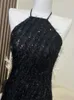 Casual Dresses Classic Black Color Women Plush Sequin Design Neckmonterad Slim Dress 2023 Fashion Tie Up Female Party Prom ett stycke Chic