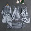 Kvinnors sömnkläder sömnkläder kvinnliga 5st pajamas set satin pyjamamas spets lapptäcke brud bröllop nattkläder rayon hem slitage nattlig mantel 230517