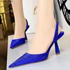 Sandalen traf Elegant Slingback High Heel Woman Pumps vrouwelijke goud Zwart Blue Rhinestone Heel Sandalen Stiletto Heel Office Lady Shoes J230518