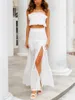 Two Piece Dress wsevypo Boho Beach Party Two-Piece Skirt Suits Women White Cutout Matching Sets Spaghetti Straps Ruffles Crop Tops+Long Skirt P230517