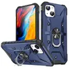 iPhone 14 Plus 13 Pro Max PC TPUハイブリッド360度回転リング磁気滑り止めカバーネイビー用のディフェンダーキックスタンド電話ケース