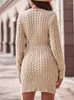 Casual Dresses Dress for Women 2023 Autumn Long Sleeve Zipper Front Cable Knit Sweater Vestidos de Mujer Elegant Mini Robe Female