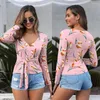 Women's Blouses 2023 Summer Yellow Blue Pink Flower V Neck Long Sleeve Shirt Tie Front Boho Top Wrap Floral Blouse Women Blusas Feminina C20