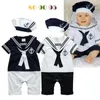 Rompers mode zomer geboren marine stijl baby romper kinderen jongens meisjes meisjes zeiler jumpsuithat 2pcs body korte mouw anker geprint pak 230517