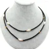 Ras du cou 2 rangées naturel véritable rondelle à facettes noir onyx blanc de culture collier de perles d'eau douce 17" pour les femmes