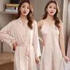 Women's Sleepwear Women's Long Bathrobe Set Solid Lace Sexy Autumn Sleeve Ladies Silk Nightwear Robe With Sashes Summer 2023