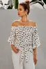 blanc Polka Dot 3/4 Bell Sleeve Off épaule avant Tie Knot Top g1Lh #