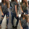 Women's T Shirts Summer Women Camouflage T-shirt Short Sleeve Loose Casual Tee Shirt Sexy Deep V-neck Lace Up Ladies Top