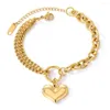 Pulseras de eslabones, pulsera de corazón de acero inoxidable a la moda para mujeres y niñas, cadena circular de Color dorado, joyería para mujer
