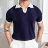 Herrpolos sommarstickande lapel t-shirt Polo Camisa Hombre British V-ringad färg Matchande krage casual Slim Polo Men's Shirt Mannen Polo 230518