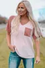 pink Colorblock V Neck T Shirt with Pocket 2023 Hot New B4Pa#