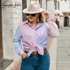 T-shirt Simee Plus Blok Block Paski Pocket Women Koszulka Zagrzewana High Street Fashion Bluzka 4xl jesienna różowa niebieska bluzki plus rozmiar