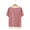 Women's Plus Size TShirt Basic Women 2023 Spring Summer Square Collar Short Sleeve Knit Tees Hollow Stripe Tops Oversize Curve Clothes 230517