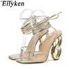 Sandalet Eilyken Seksi Ayak Bileği Çapraz Kayış Sandalet Kadın Yaz Zımbesi Moda Açık Ayak Toe Kulüp Striptizci Tasarım Fretwork Heels Ladies Ayakkabı J230518