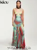 Jurken Kliou 3D Body Print Maxi Jurk Dames Glanzende Stropdas Droge Prachtige Uneck Spaghetti Band Gewaad Vrouwelijke Bodyshaping hipster streetwear