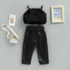 Clothing Sets Girl Clothing Set Outfits with Belt Sleeveless Straps Solid Color Fluffy Sleeveless Crop Tops Elastic Waist Pants 1-5Y