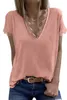 pink V Neck Lace Trim Short Sleeve Top 2023 Hot New s5l9#