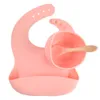 Bavoirs en silicone pour enfants bavoir bébé non silp 3pcs / set bols ronds élastique multicolore vaisselle de thanksgiving poignées en bois assiette enfant bavoir confortable belle ba11 F23