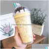 Tazze Coperchi per gelato Bicchieri per acqua in plastica con St Kids Coppia Succo di latte Bevande Bottiglie Bicchiere a doppio strato Consegna Casa Giardino Kitch Dhgit