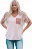 pink Colorblock V Neck T Shirt with Pocket 2023 Hot New B4Pa#