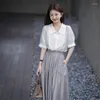 Vestido de duas peças estilo coreano Uma linha longa saias terno feminino Manga de verão Camisa alta da cintura
