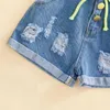 Conjuntos de roupas menina peça conjunto de roupas cor sólida sem mangas plissado topos denim elástico rasgado shorts criança menina roupas de verão