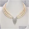 Pendanthalsband 18 3 Strängar Ctured White Round Freshwater Pearl Chokers Halsband Sier Color Plated CZ Pave for Women Drop Dh4HB