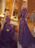 Festklänningar o Neck sjöjungfru muslimsk kväll ärmar spetskristaller Islamiska Dubai Saudiarabiska lila långa eleganta prom Gow