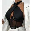 Kvinnors tankar camis wsevypo sexig cross halter korsett bustier mesh ben tank toppar kvinnor binder wrap tubs tops rygglös smal passning klippa ut främre toppar 230519