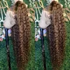 Longo brasileiro destaque peruca de cabelo humano ombre colorido profundo encaracolado peruca dianteira do laço mel loira hd onda profunda laço frontal perucassyynthetic