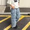 Mens Jeans individualiserade patch jeans män och kvinnor amerikansk high street hiphop stekt tiggare byxor blå lös liten publik mopping 230519