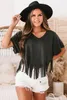 black Fringe Hem V Neck T Shirt 2023 Hot New C0yW#