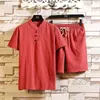 Tute Manica da uomo in cotone e arrivo a casa Solido corto Set maschile Camicia Pantaloncini Abiti M-5XL T-shirt in lino 7006