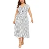 Plus Size Dresse's V-Ausschnitt, lässiges Boho-Kleid, Größe Polkadot, geknöpft, Schnürung, Taille, Midi, Damenbekleidung 230519