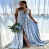 Snellere levering blauwe prom jurk 2023 sexy v nek split avondjurk boho strand strech dance feestjurken eenvoudige formele gelegenheid vestidos de fiesta formele gelegenheid