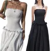 Basis Casual jurken Women Long Tube Dress Evening Feest Zomerkleding Chic en elegante ruches Frills Strapless Boat Neck Backless Aline Dress 230519