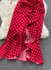 Vestido de dos piezas Mujer RedPurpleBlack Conjunto de lunares Verano Sexy Volantes Cortos con cordón Tops Cintura alta Falda irregular 2 piezas Traje 230518
