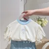 Ensembles de vêtements adolescents coréens bébé enfant filles broderie t-shirt 2023 été à manches courtes haut short en jean 2 pièces tenues fille vêtements 230519