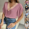 Damenblusen, elegantes V-Ausschnitt, Spitze, einfarbig, Top für Damen, Sommermode, lässig, kurzärmelig, Chiffon, schwarzes Hemd, Bürodame