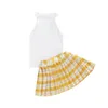 CitgeeSummer Enfants Bébé Fille Vêtements Couleur Unie Hauts Sans Manches Côtelés Et Plaid Imprimé Mini Jupe Plissée Ensemble Tenue