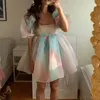 Grundläggande casual klänningar kvinnor puffhylsa tyll tutu prinsessan klänning kvadrat krage mesh ruffle bubbla kjol bröllop kväll fest prom mini fairy 230518